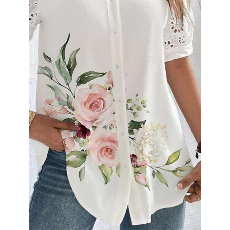 Women's Shirt Blouse Floral Stylish Casual Short Sleeve Shirt Collar Regular Tops Daily Lace Patchwork Buttons Pink Blue Summer Spring2