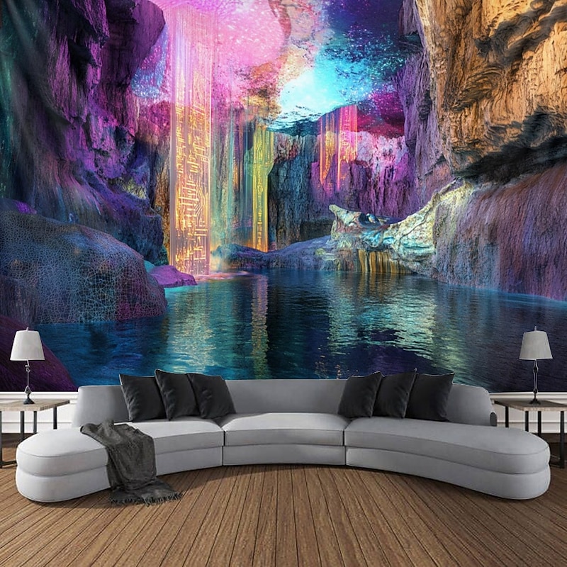 Blacklight Tapestry Glow in the Dark Glow Party UV Reactive Trippy Cave Misty Nature Landscape Hanging Tapestry Wall Art Mural for Living Room Bedroom