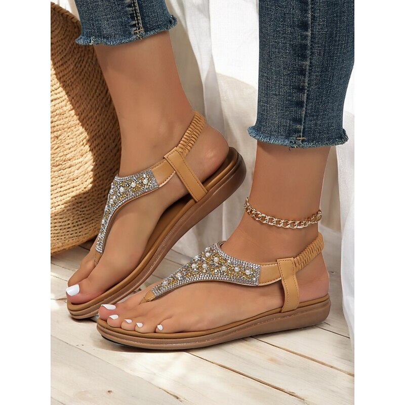 Women's Bohemian Beaded T-Strap Sandals – Vintage Glam Flat Summer Sandals with Rhinestone Embellishments for Beach & Casual Wear4