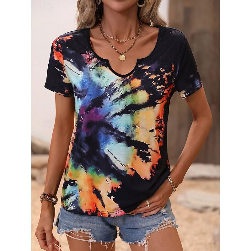 Women's T Shirt Tie Dye Casual Short Sleeve V Neck Regular Tops Daily Print Black Summer