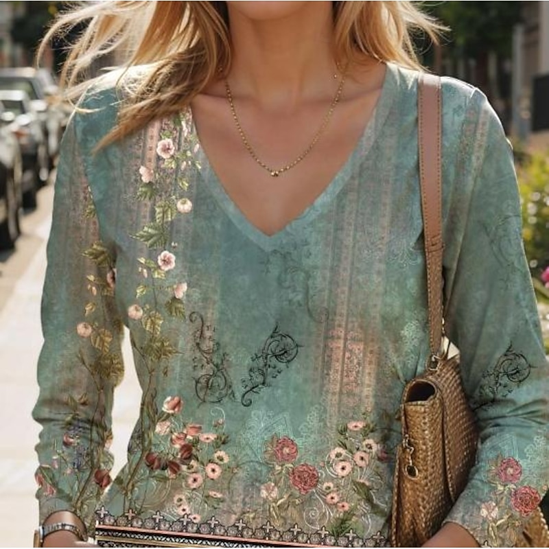 Women's T Shirt V Neck Long Sleeve Tunic Floral Fashion Modern Casual Regular Tops Daily Weekend Print Sage Green Fall Winter2