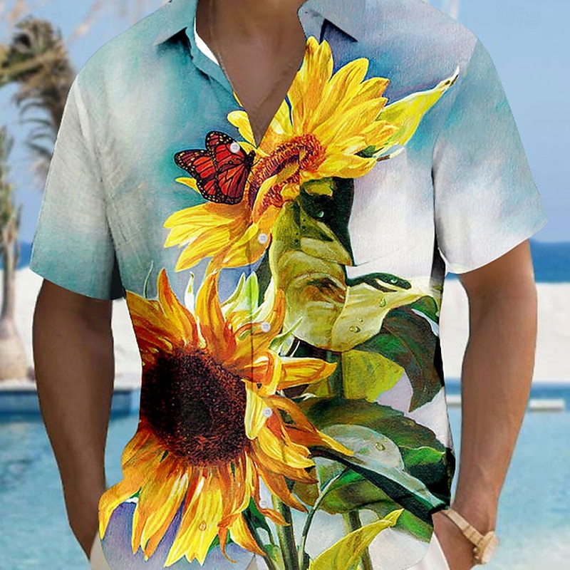 Easter Men's Sunflowers Shirt Button Up Shirt Short Sleeve Vintage Retro Vacation Holiday Festival Summer Turndown 3D Print Collared Shirts Front One Pocket Light Blue2