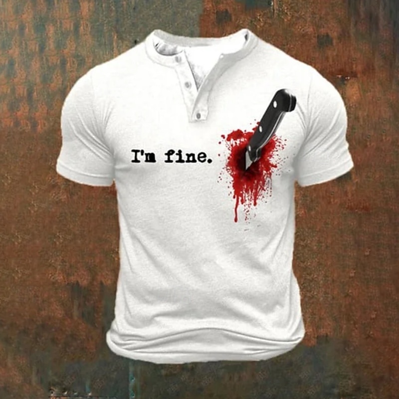 Men's Halloween Blood Splatter Funny Blood stains I'M FINE T Shirt Henley Shirt Short Sleeve Designer Retro Vintage Street Casual Daily Summer Spring Black White Gray Henley Henley T-Shirt