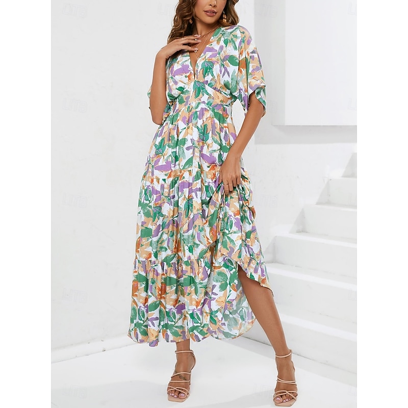 Women's Maxi Dress Casual Dress A Line Dress Stylish Casual Vacation Daily Regular Fit Floral Half Sleeve V Neck Blue Summer