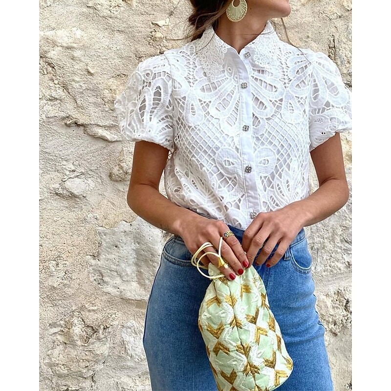Women's Blouse Eyelet top Lace Tops Plain Daily Stylish Basic Short Sleeve Shirt Collar Regular Tops Work Daily Holiday Hollow Out Buttons White Rose Pink Spring Fall3