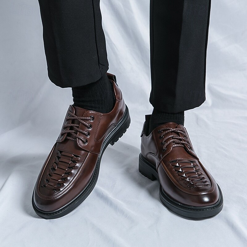Men's Dark Brown Derby Shoes - Faux Leather with Toe-Cap Weaving Design, Stylish and Versatile Footwear for Men, Perfect for Casual, Office and Everyday Wear