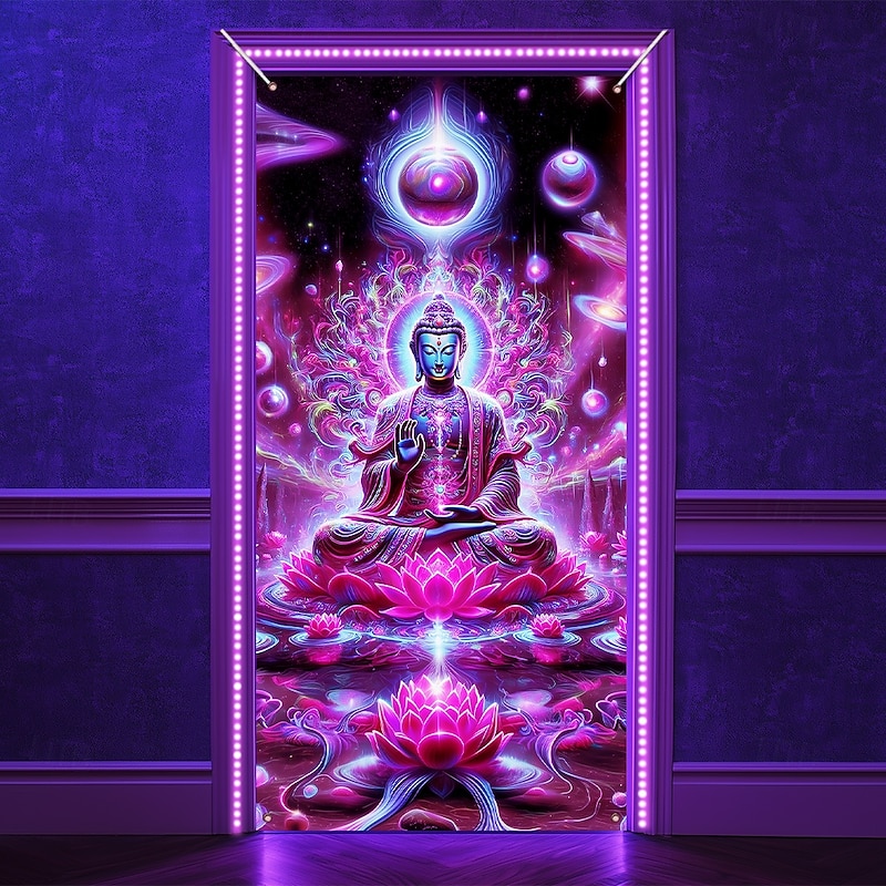 Blacklight Door Decorations Door Covers Glow in the Dark Mandala Bohemian Buddha Door Tapestry Door Curtain Decoration Backdrop Indoor/Outdoor Door Banner for Front Door Farmhouse2