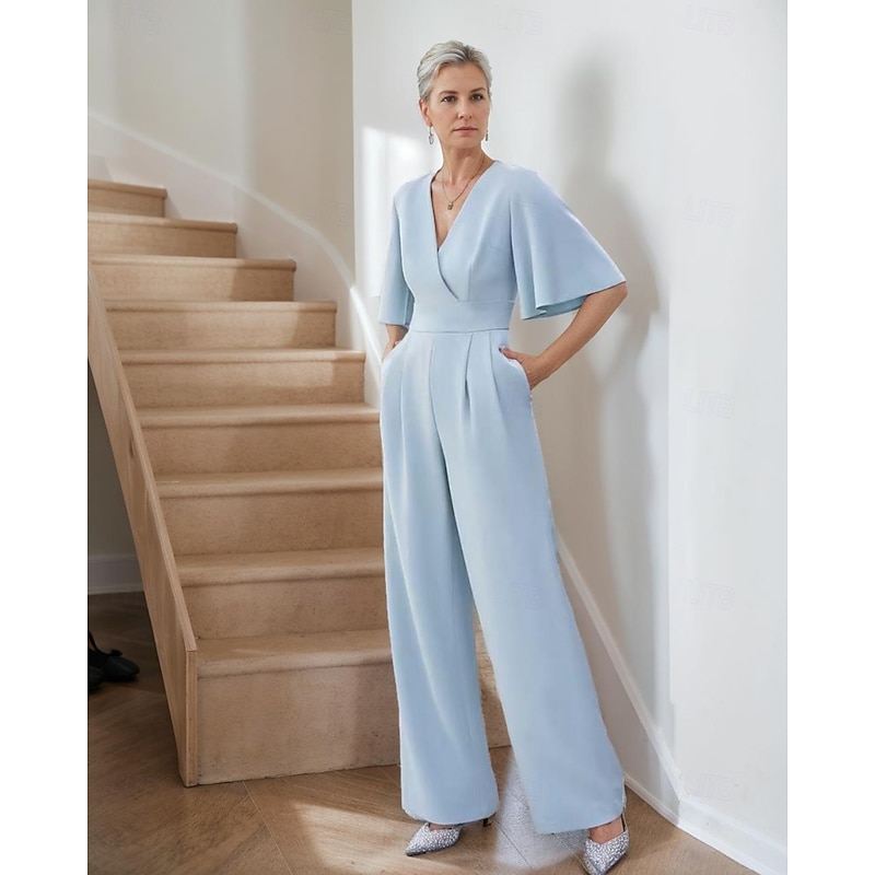 Jumpsuit Mother of the Bride  Elegant Simple Minimalist V Neck Floor Length Crepe Short Sleeve with Pleats Ruching Solid Color