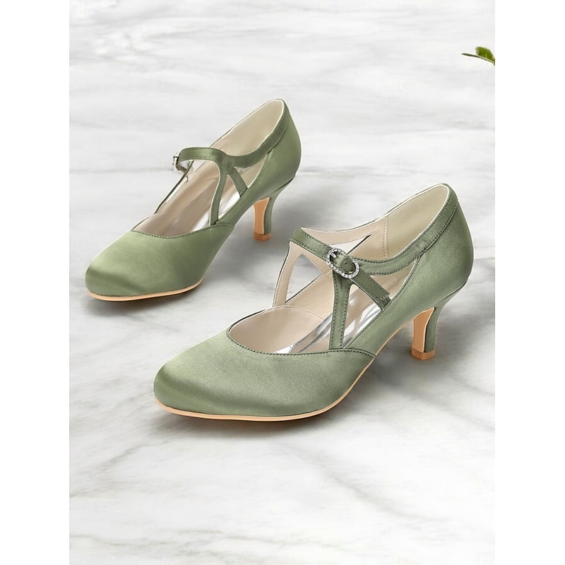 Women's Sage Green Satin T-Strap Heels-Vintage Gatsby Mid Heel Pumps with Buckle Closure, Elegant Shoes for Weddings & Ballroom Dance4