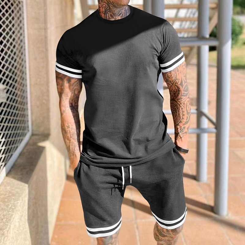 Men's Workout Set Tracksuit T shirt & Shorts Set Outfit Set Crew Neck Outdoor Daily Sports Pocket Drawstring 2 Piece Color Block Black Red Light Grey Polyester Activewear Classic Casual Summer2