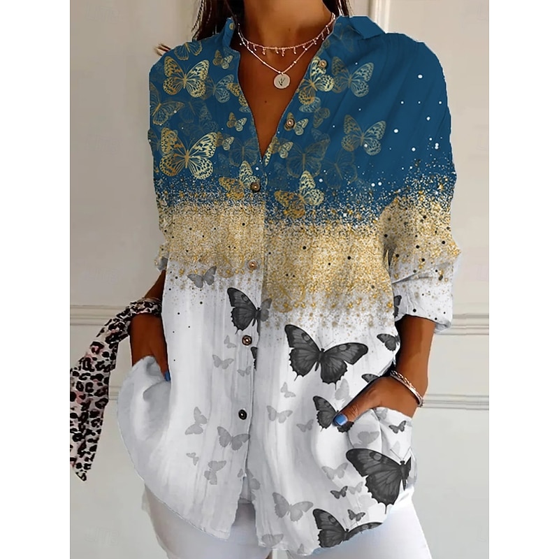 Women's Shirt Button Down Tunic Shirt Collar Long Sleeve Ombre Graphic Butterfly Daily Stylish Retro Vintage 3/4 Length Sleeve Regular Tops Daily Holiday Going out s Blue Spring