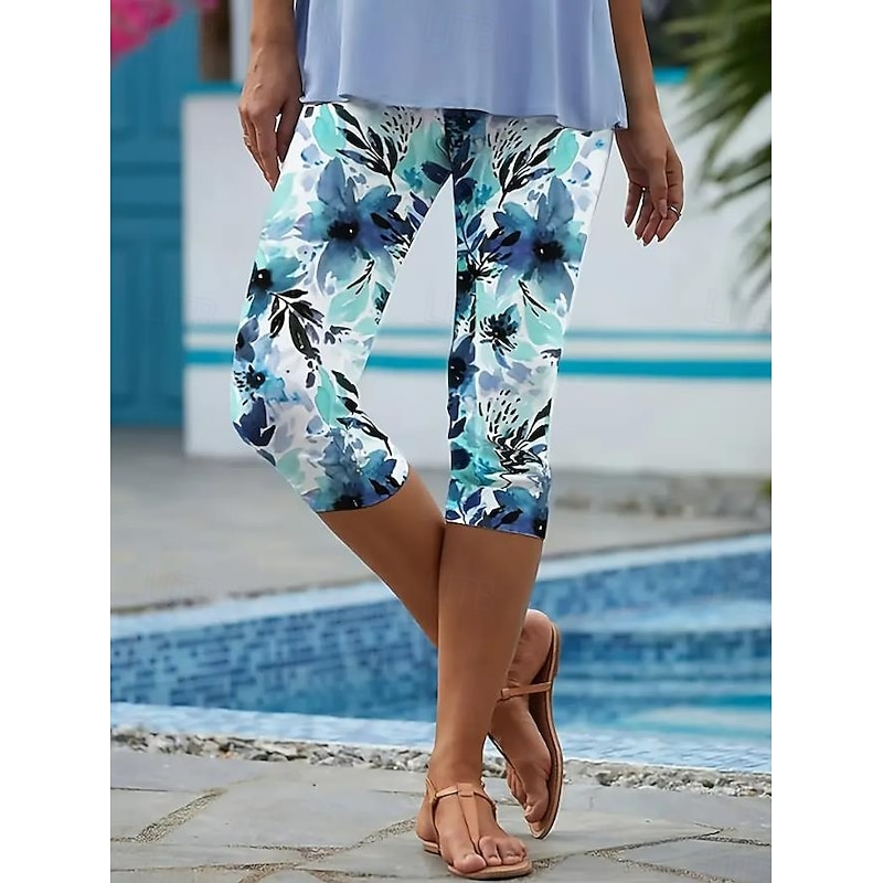 Women's Leggings Capri Pants High Elasticity Vacation Fashion Hawaiian Ankle-Length Mid Waist Floral Printing Thermal Warm Breathable Soft  Vacation Casual Daily Black and Blue Summer Spring