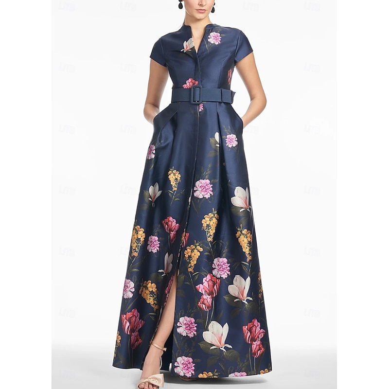 A-Line Mother of the Bride Evening Gown High Split Dress Formal Wedding Guest Floor Length Short Sleeve V Neck Pocket Satin with Floral Print Slit Pocket Race Day Dress Wedding Guest Dress
