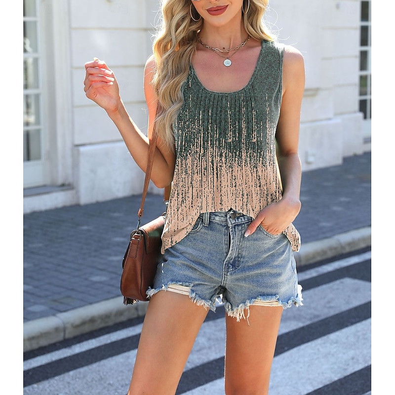 Women's Summer Tops Geometric Plants Bohemia Fashion Sexy Sleeveless Sleeveless U Neck Regular Tops Daily Going out Weekend Print Asymmetrical Tiered Gray / White White / Black Grass Green White Red