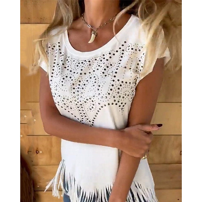 Women's Blouse Plain Daily Stylish Basic Short Sleeve Crew Neck Regular Tops Work Daily Holiday Rivet Fringe Black White Yellow Spring Fall2