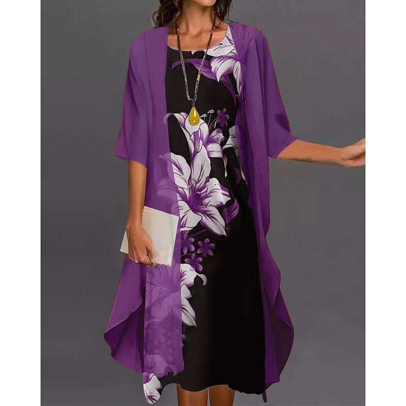 Women's Fashion Streetwear Skirt Sets 3/4 Length Sleeve Bell Sleeve Crew Neck Floral Print Daily Wear Date Red Blue Purple Spring Regular Fit3