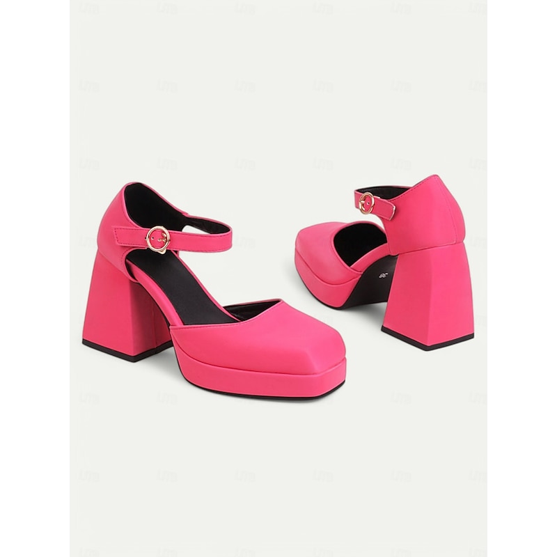Women's 1980s Pink Platform Heels with Square Toe and Ankle Strap – Bold and Stylish Footwear for Parties, Night Outs, and Trendy Events