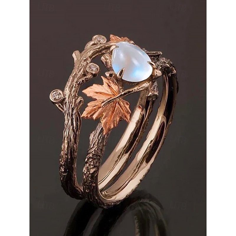 Nature-Inspired Moonstone Maple Leaf Branch Ring – Vintage Boho Engagement Ring for Women, Unique Jewelry for Weddings & Gifts