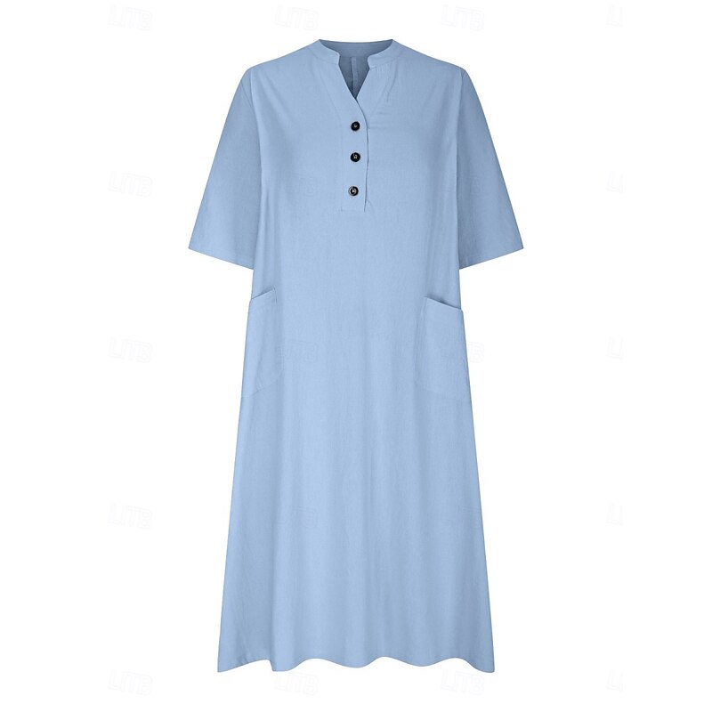 Women's Midi Dress Casual Dress Cotton Linen Dress A Line Dress Summer Dress Solid Color Basic Casual Vacation Daily Regular Fit Graphic 3/4 Length Sleeve Notched Neck Black Blue Purple Orange Summer4