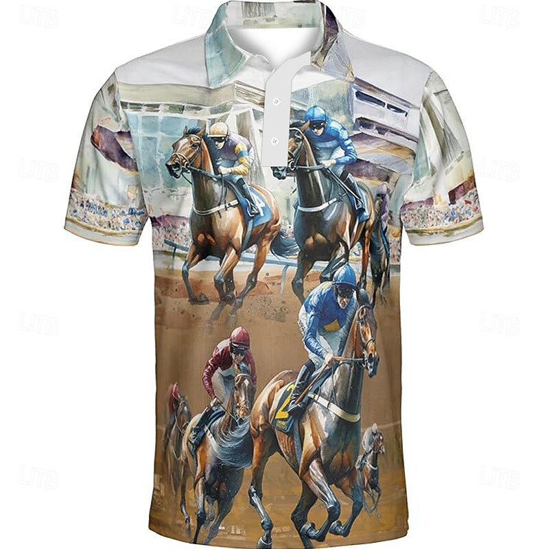 Kentucky Derby Men's Horse Racing Polo Short Sleeve Polo Shirts Collared Shirts Business Casual Outdoor Daily Wear Festival Outfit 3D Print Summer Spring Fall Black Blue