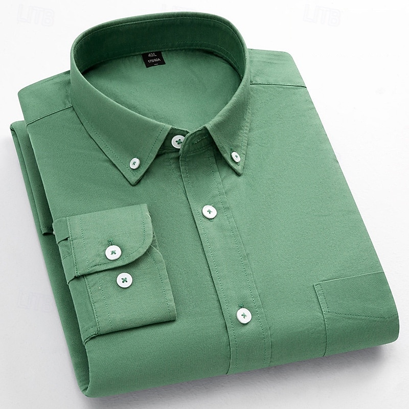 Men's Striped Long-Sleeve Dress Shirts Button Down Breathable Casual Vintage Loose Cotton Shirts Stylish Solid Oxford Business Shirt for Men