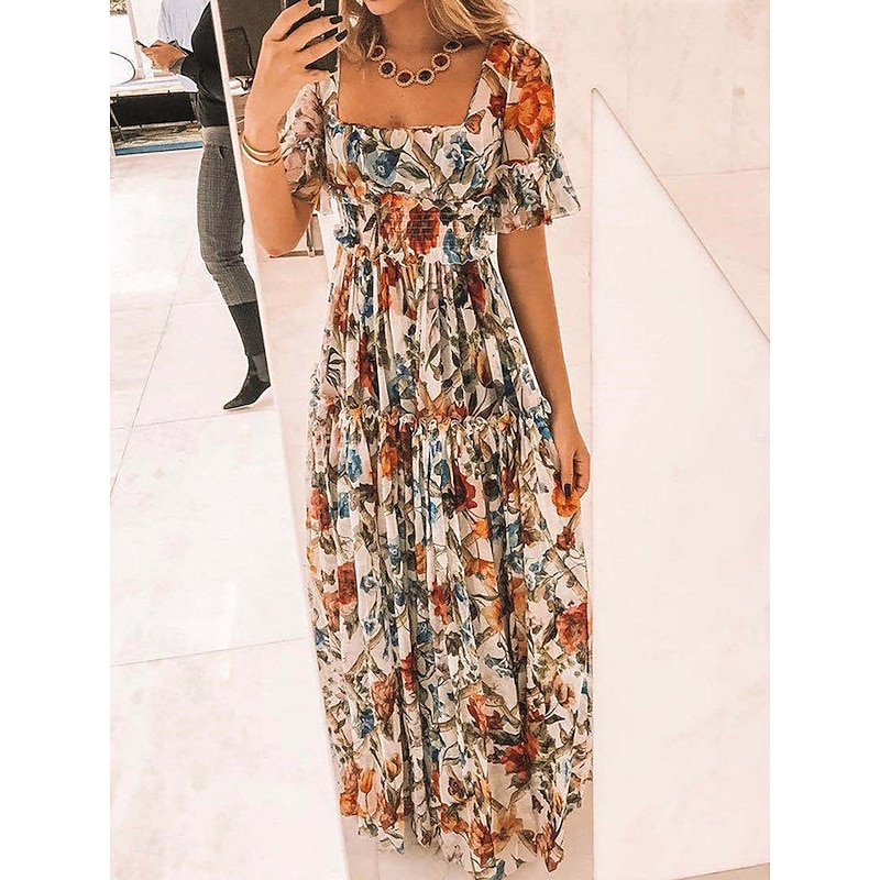 Women's Maxi Dress Corset Dress A Line Dress Milkmaid Dress Puff Sleeve Dress Vacation Vacation Daily Regular Fit Floral Short Sleeve Square Neck Yellow Apricot Summer