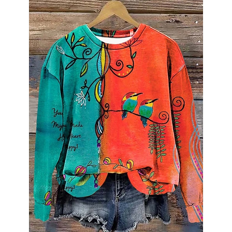 Women's Hoodies Geometric Color Block Casual Long Sleeve Round Neck Regular Tops Work Dailywear Casual Print Orange Fall Winter - Main Image