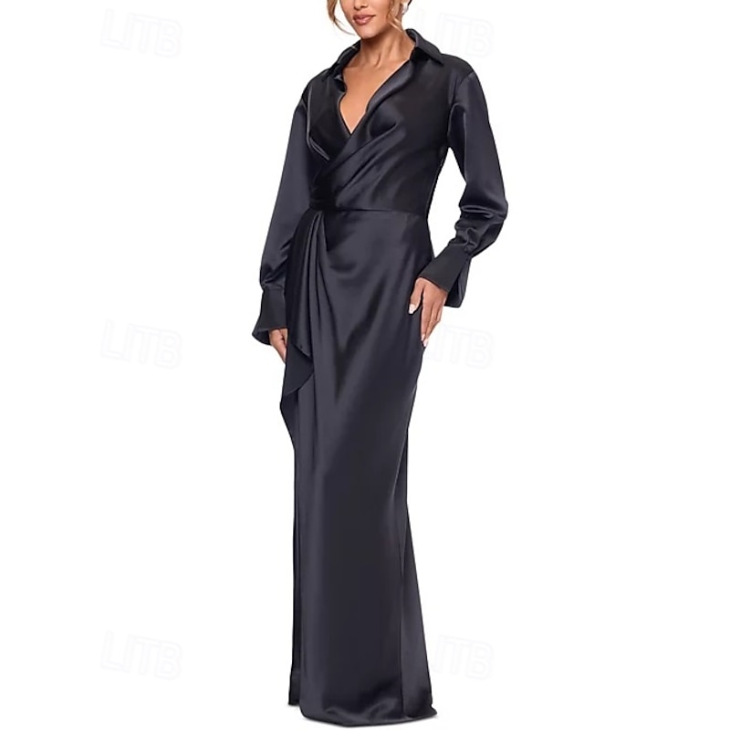 Sheath / Column Dress Mother of the Bride Dress Formal Elegant Simple Shirt Collar Floor Length Italy Satin Long Sleeve with Ruffles Solid Color4