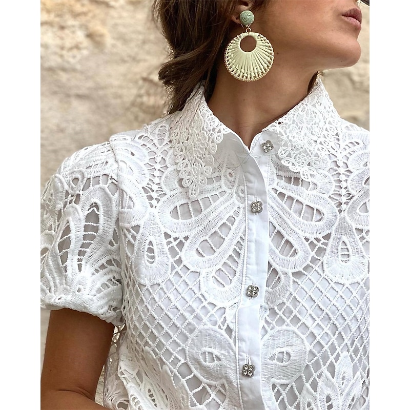 Women's Blouse Eyelet top Lace Tops Plain Daily Stylish Basic Short Sleeve Shirt Collar Regular Tops Work Daily Holiday Hollow Out Buttons White Rose Pink Spring Fall2