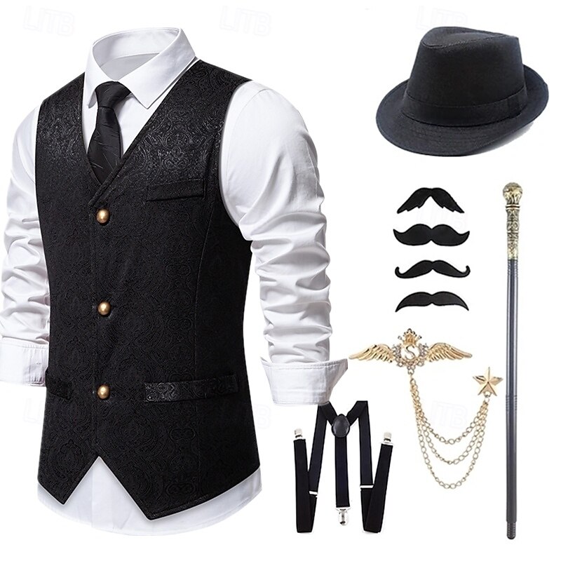 1920s Vintage Inspired The Great Gatsby Party Costume Masquerade Accessories Set Sleeveless Printing Collarless Fancy Dress Men's Halloween Party & Evening Casual Daily Cravat Vest Hat All Seasons3