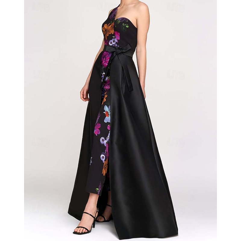 Jumpsuit / Pantsuit Mother of the Bride  Floral Print Elegant Simple Minimalist One Shoulder Floor Length Satin Sleeveless with Sash / Ribbon Wedding Guest Dress3