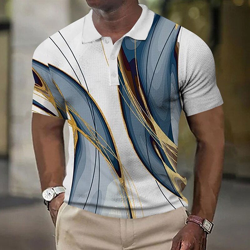 Men's Geometic Line Waffle Polo Shirts Golf Shirt Short Sleeve Polo Shirts Collared Shirts Business Casual Outdoor Dailywear Athleisure Buttons 3D Print Summer White