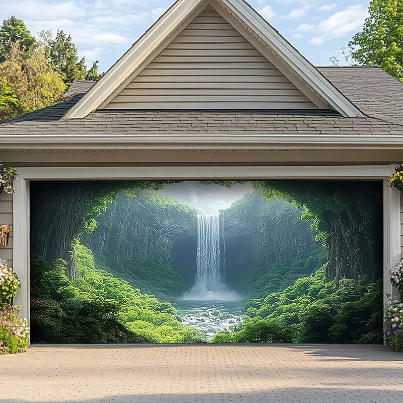 Landscape Waterfall Cave Door Decorations Garage Door Cover Outdoor Banner Large Backdrop for Holiday Outdoor Garage Door Home Wall Decorations - Main Image