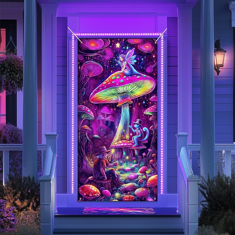 Blacklight Door Decorations Door Covers Glow in the Dark Mushroom Door Tapestry Door Curtain Decoration Backdrop Indoor/Outdoor Door Banner for Front Door Farmhouse3
