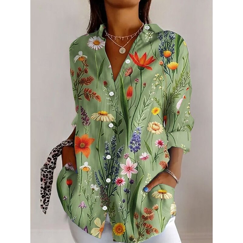 Women's Shirt Button Down Tunic Shirt Collar Long Sleeve Floral Casual Regular Tops Work Daily s Print Green Spring Fall Winter