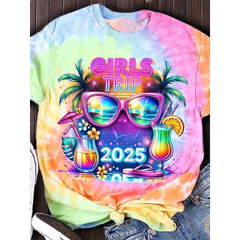 Women's T Shirt Ombre Graphic Casual Short Sleeve Round Neck Regular Tops Daily Print Pink Summer Girls Trip