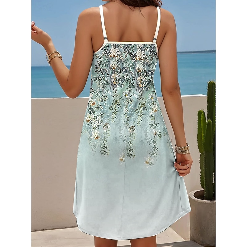 Women's Mini Dress Casual Dress Petite Dress Sundress Summer Dress Vacation Casual Vacation Daily Holiday Regular Fit Floral Graphic Sleeveless V Neck Green Summer2