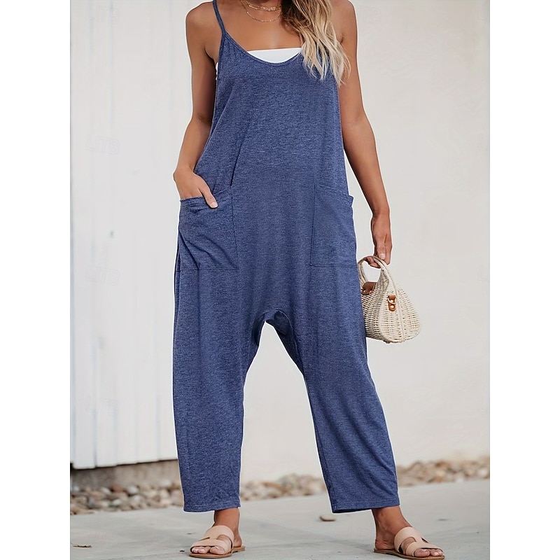 Women's Normal Overall Active Solid Color Sleeveless V Neck Pocket Vacation Daily Regular Fit Royal Blue Summer