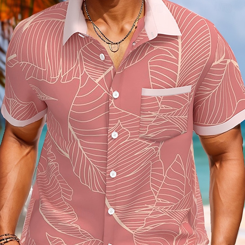 Men's Palm Leaf Tropical Plants Summer Hawaiian Shirt Button Up Shirt Short Sleeve Hawaiian Resort Vacation Holiday Beach Wear Summer Spring Turndown Collared Shirts Front One Pocket Pink2