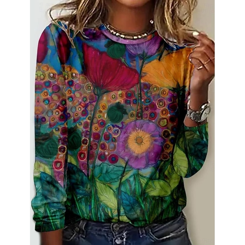 Women's T shirt Crew Neck Long Sleeve Tunic Floral Graphic Casual  Regular Tops Daily Print Light Brown Spring Fall