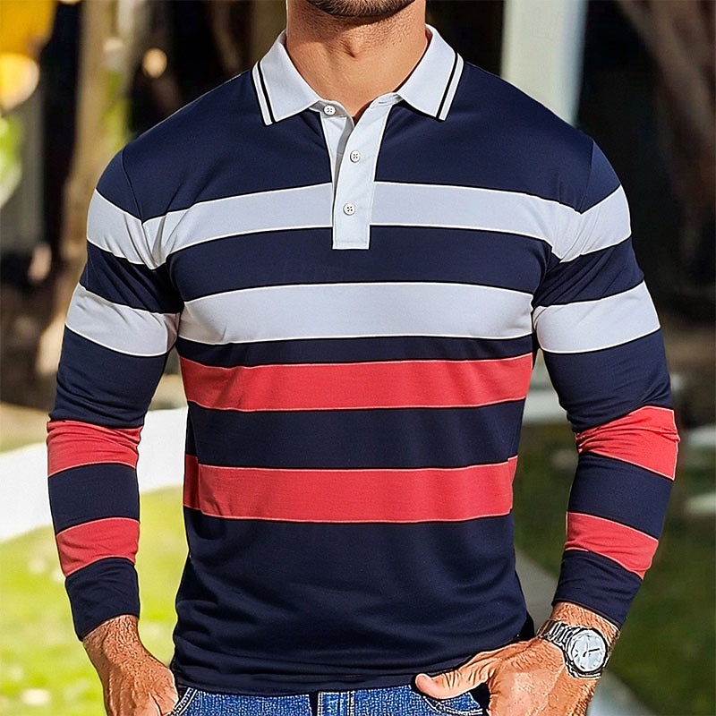 Men's Color Block Stripes Rugby Polo Shirts Long Sleeve Polo Shirts Lapel Classic Fashion 3D Print Modern Casual Sports Stripe Fall Winter Black Blue Purple