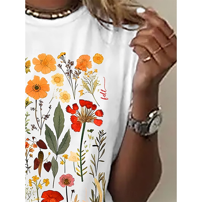 Women's T Shirt Floral Basic Short Sleeve Round Neck Regular Tops Daily Weekend Print Black White Gray Summer2