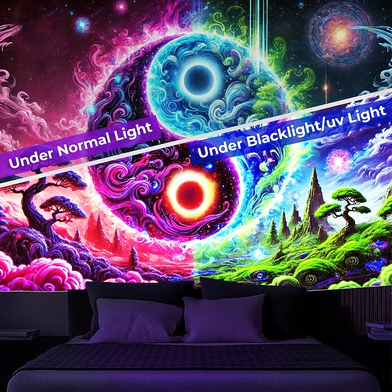 Blacklight Tapestry Glow in the Dark Glow Party UV Reactive Taichi Zen Trippy Misty Nature Landscape Hanging Tapestry Wall Art Mural for Living Room Bedroom2