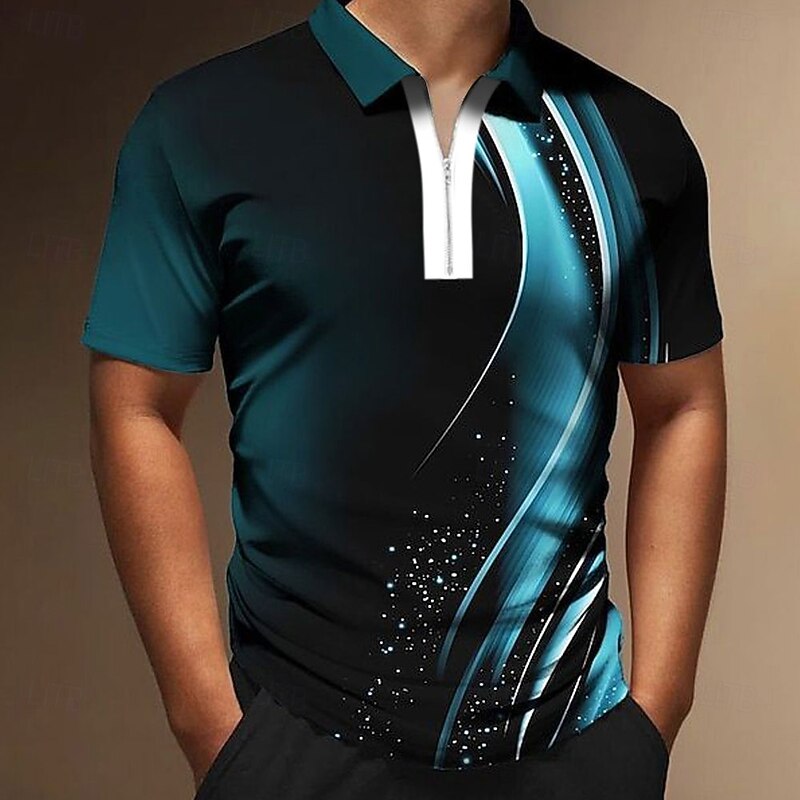 Men's Polka Dot Geometic Line Zip Polo Short Sleeve Turndown Casual Daily Outdoor Dailywear Athleisure Zipper Summer Robin's Egg Blue