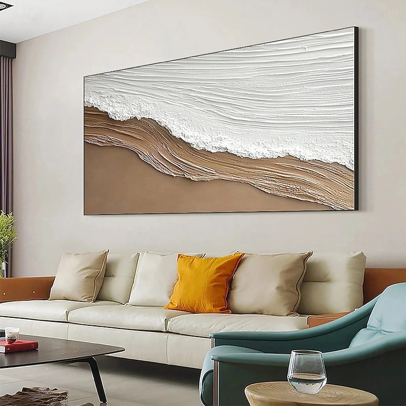 Original White Ocean Wave Art Beach Abstract Painting White Wall Art Brown 3D Texture Painting Brown Beach Wall Art Modern Pastel Room Decor4