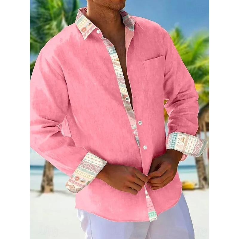 Men's Shirt Summer Shirt Casual Shirt Beach Shirt Button Up Shirt White Pink Sky Blue Orange Long Sleeve Plain Pattern Lapel Vacation Hawaiian Button-Down Clothing Apparel Polyester Fashion Casual2