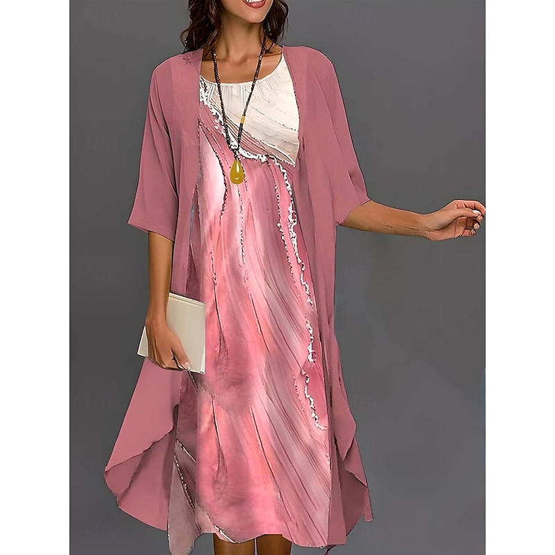 Women's Graduation Dress Midi Dress Chiffon Dress Shift Dress Elegant Formal Wedding Guest Daily Loose Fit Floral Half Sleeve Crew Neck Pink Summer Spring