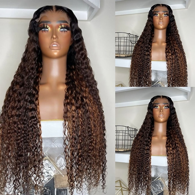 Remy Human Hair 5x5 Closure 13x4 Lace Front Wig Middle Part Brazilian Hair Curly Brown Wig 130% 150% Density Ombre Hair Glueless Pre-Plucked For Women Long Human Hair Lace Wig4