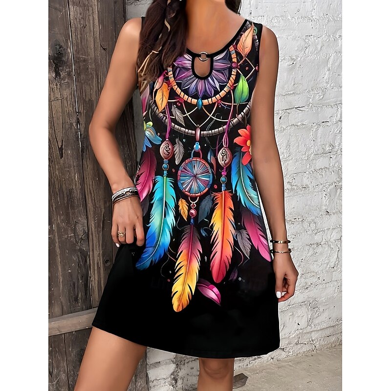 Women's Mini Dress Casual Dress Tank Dress Boho Dress Bohemia Vacation Vintage Vacation Daily Regular Fit Feather Sleeveless Crew Neck Black Purple Summer3