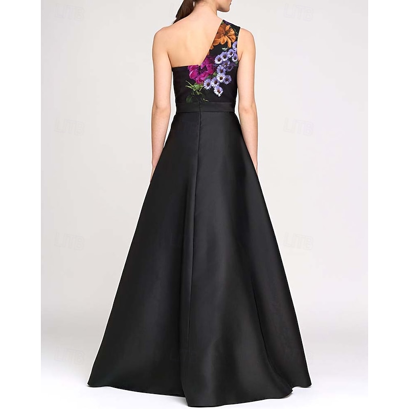 Jumpsuit / Pantsuit Mother of the Bride  Floral Print Elegant Simple Minimalist One Shoulder Floor Length Satin Sleeveless with Sash / Ribbon Wedding Guest Dress4